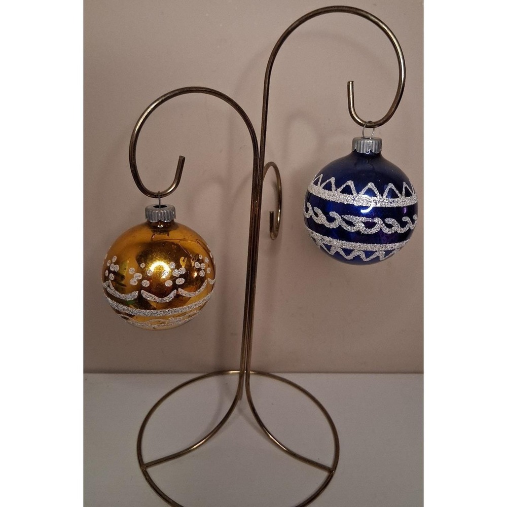 Vintage Shiny Brite Mercury Glass Christmas Ornaments Set of 2 Blue Gold Glitter